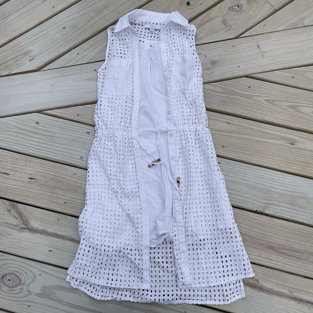 REED White Cotton Eyelet Lined Mini Shirt Dress Swim Cover Up Sz S Beach Coastal